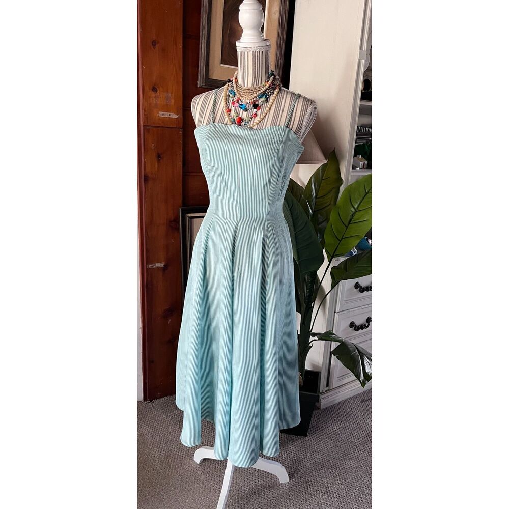 Vintage Handmade Spaghetti Strap Striped Pastel Green Acetate Dress Size 10-12 - Picture 3 of 11